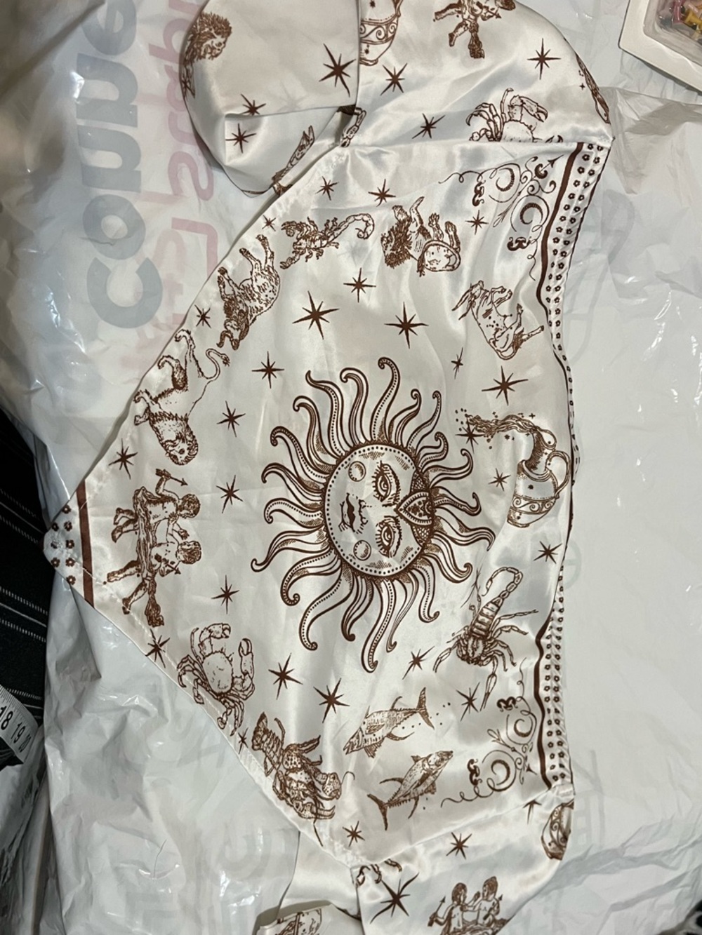 SHEIN Cream Satin top with Brown Celestial Print